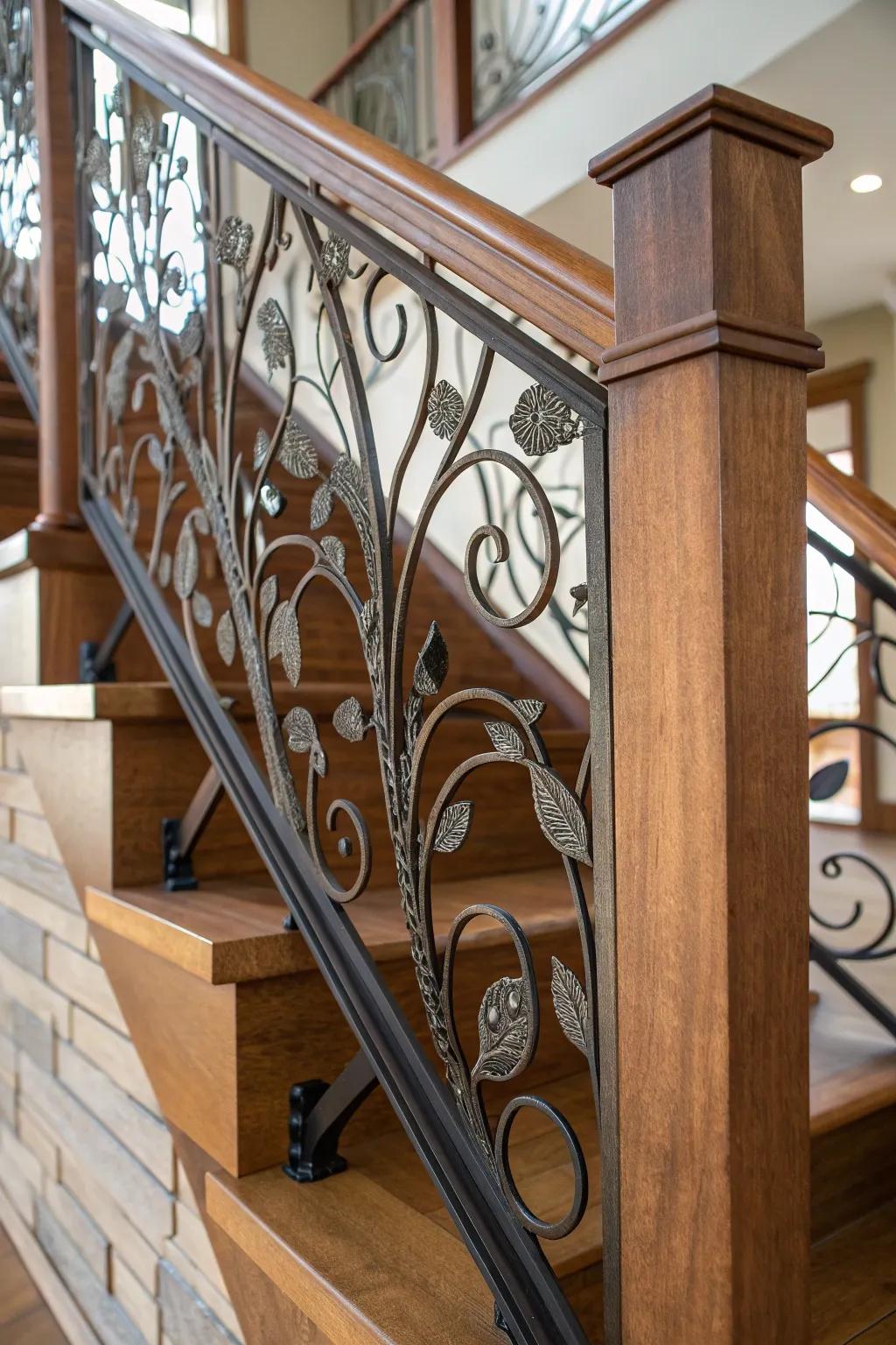 Elevate your home style with exquisite vine-patterned railings that masterfully blend metal and wood.