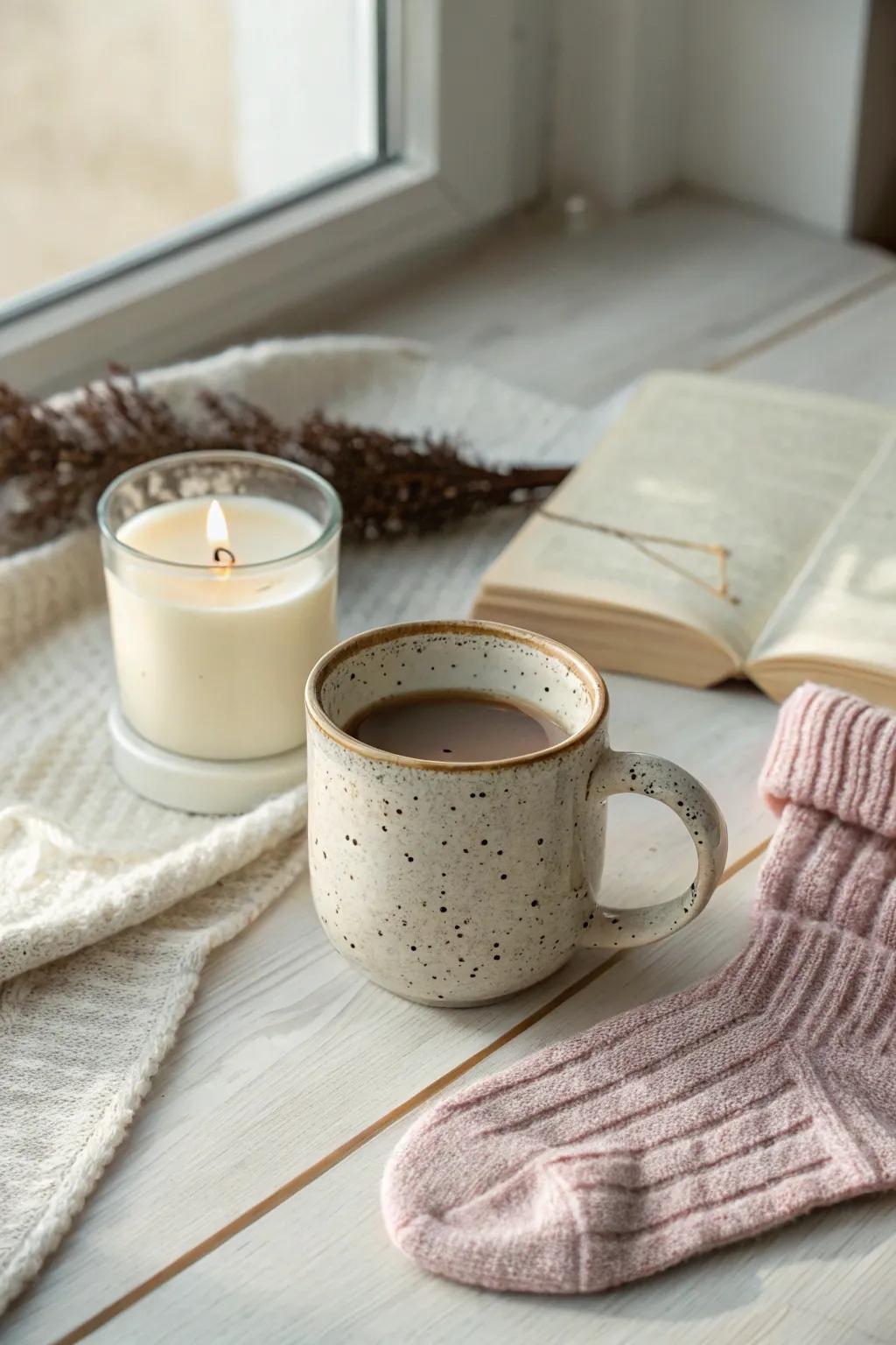 Indulge in cozy comfort with the perfect mug and soothing essentials. #WarmVibes #ScandiBoho