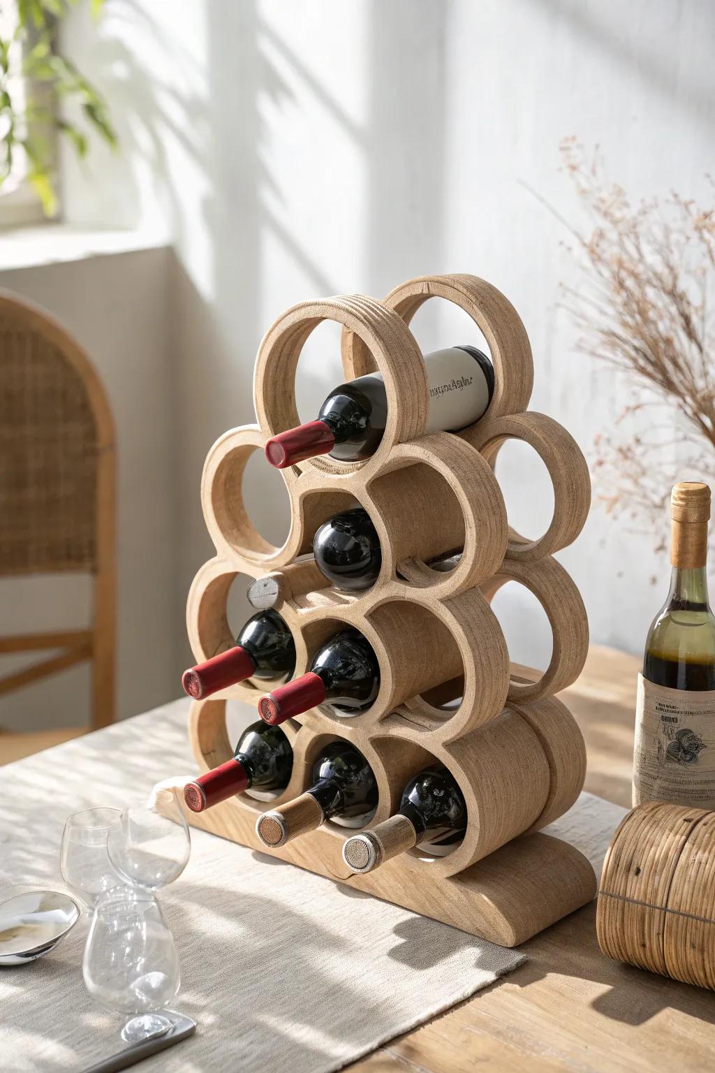 Elevate your space with this stunning coil wine rack, where minimalist design meets boho charm.
