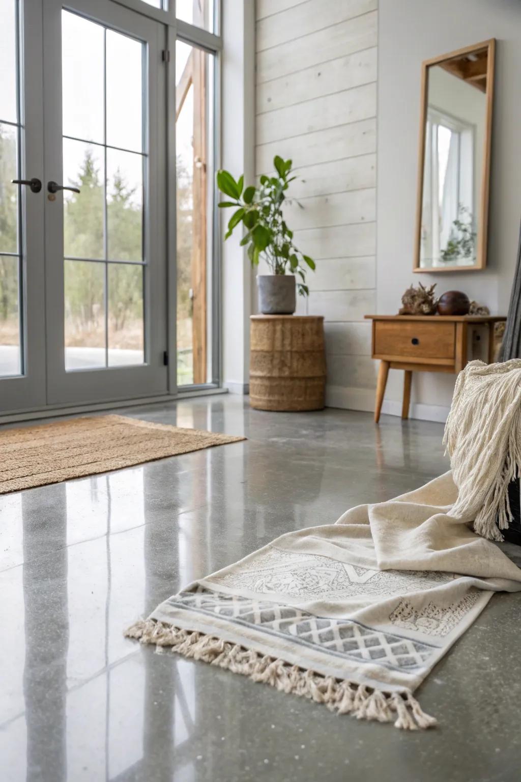 Transform your space with the sleek elegance of a high-gloss concrete floor – where minimalist charm meets Boho warmth.