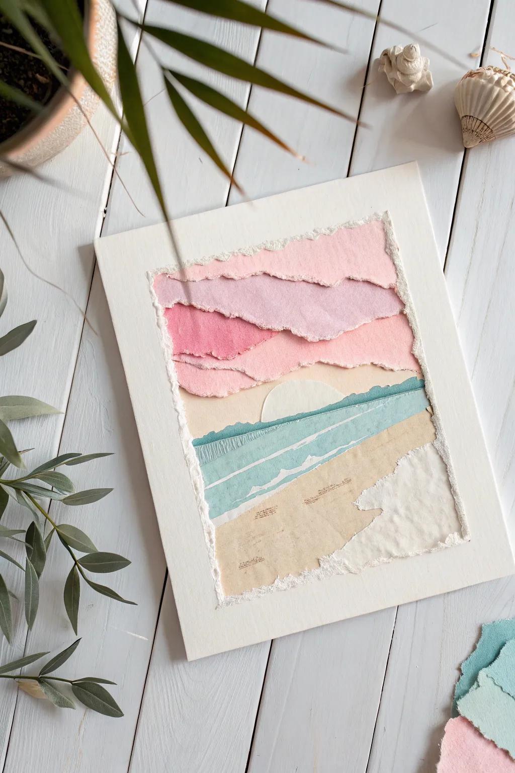 Discover the beauty in simplicity with this serene torn paper collage, where art meets nature in a minimalist setting.