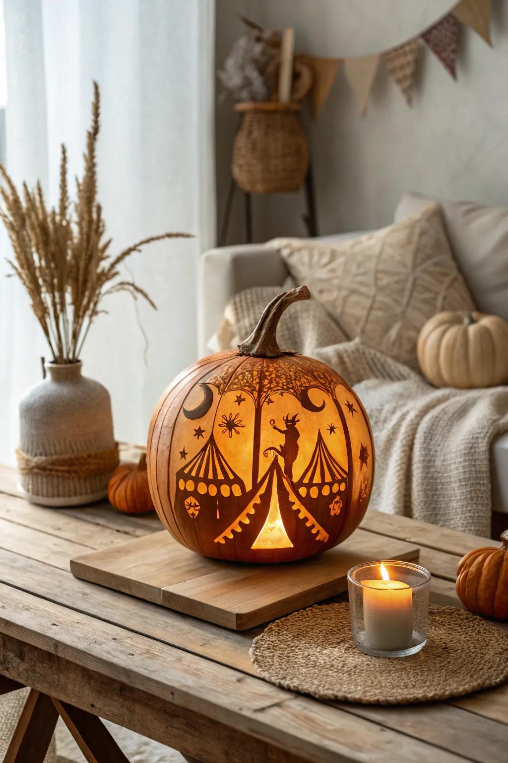 Step into the enchanting world of Coraline with this mesmerizing circus-themed pumpkin carving, perfect for adding a touch of whimsy to your autumn decor.