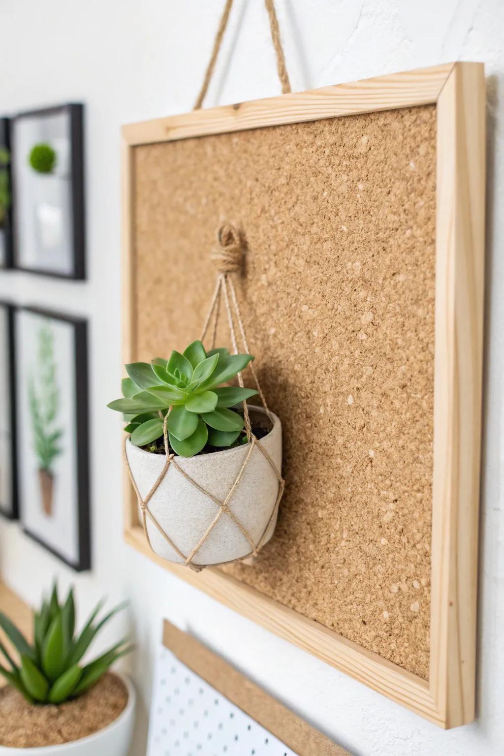 Bring a breath of fresh air to your workspace with a chic succulent holder on your cork board.