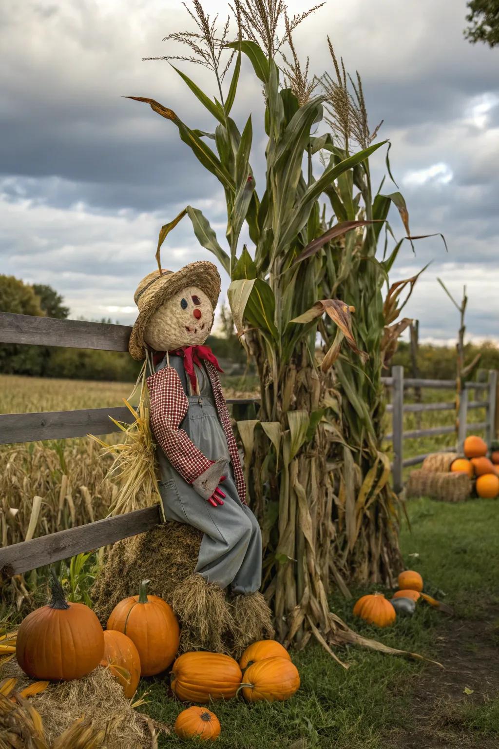 Add a touch of whimsy with a scarecrow among corn stalks.