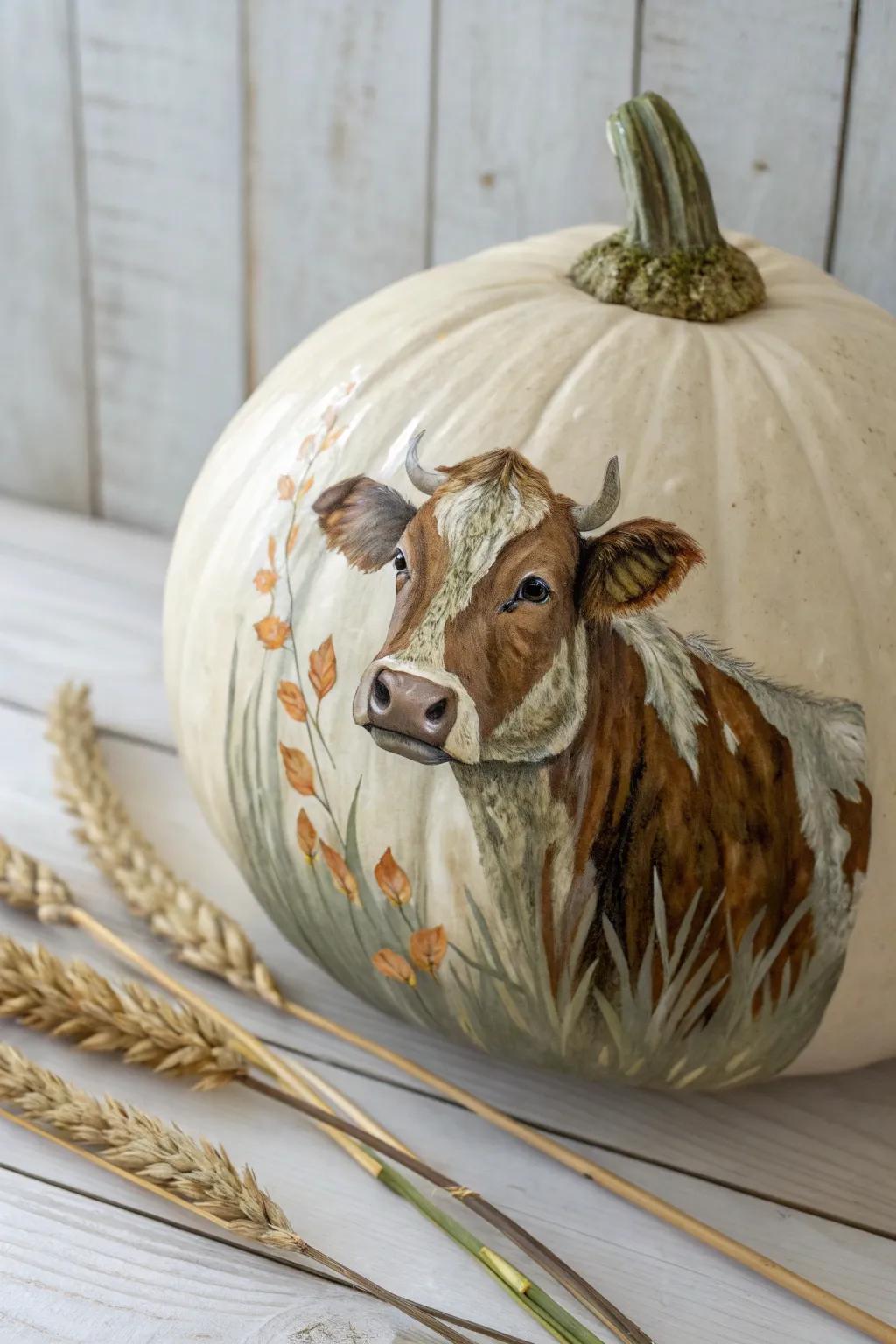 Embrace the charm of the countryside with this rustic cow-painted pumpkin, perfect for adding a farmhouse touch to your fall decor.