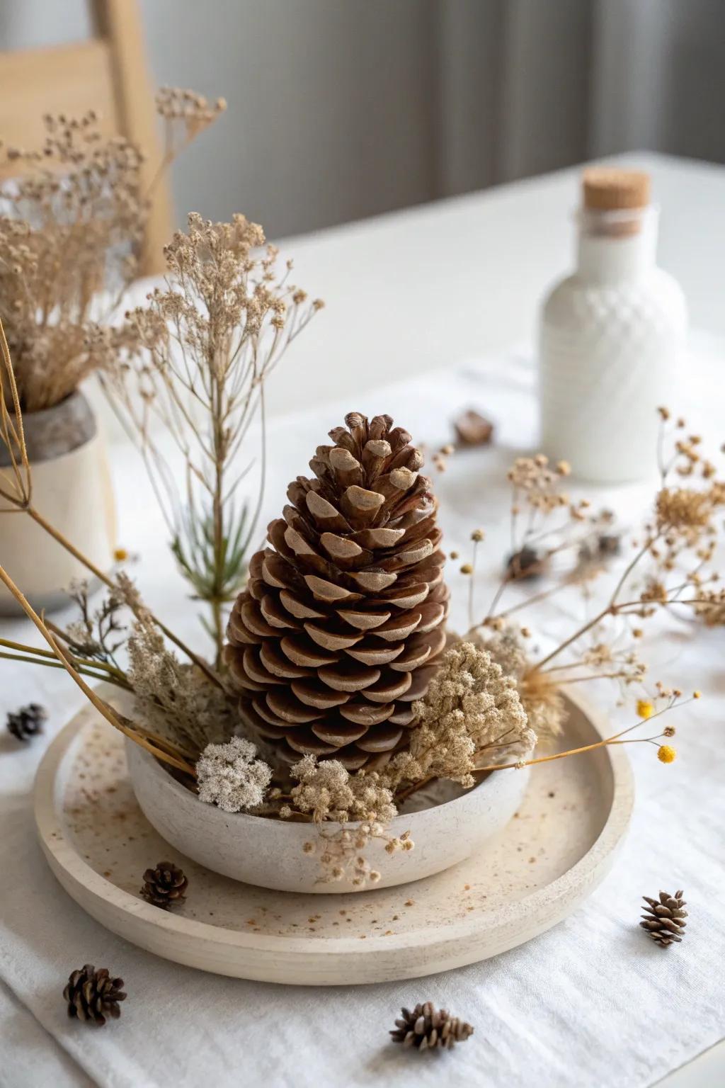 Bring the outdoors in with this beautifully crafted pinecone centerpiece, perfect for adding a touch of nature to your minimalist decor.