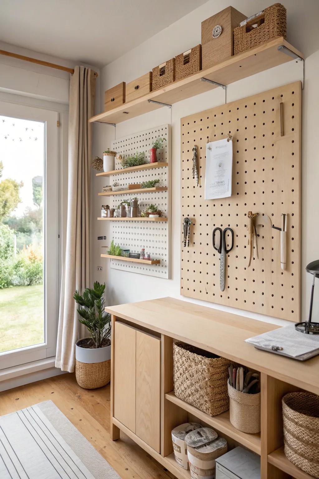 Elevate your craft room with sliding pegboard panels – a stylish and practical storage solution!