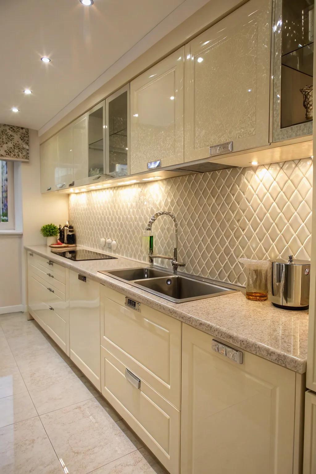 Textured tiles adding depth and interest to a cream gloss kitchen.