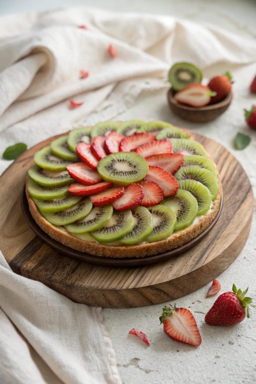 Embrace the soothing artistry of a Symmetrical Swirl with kiwi and strawberry elegance.