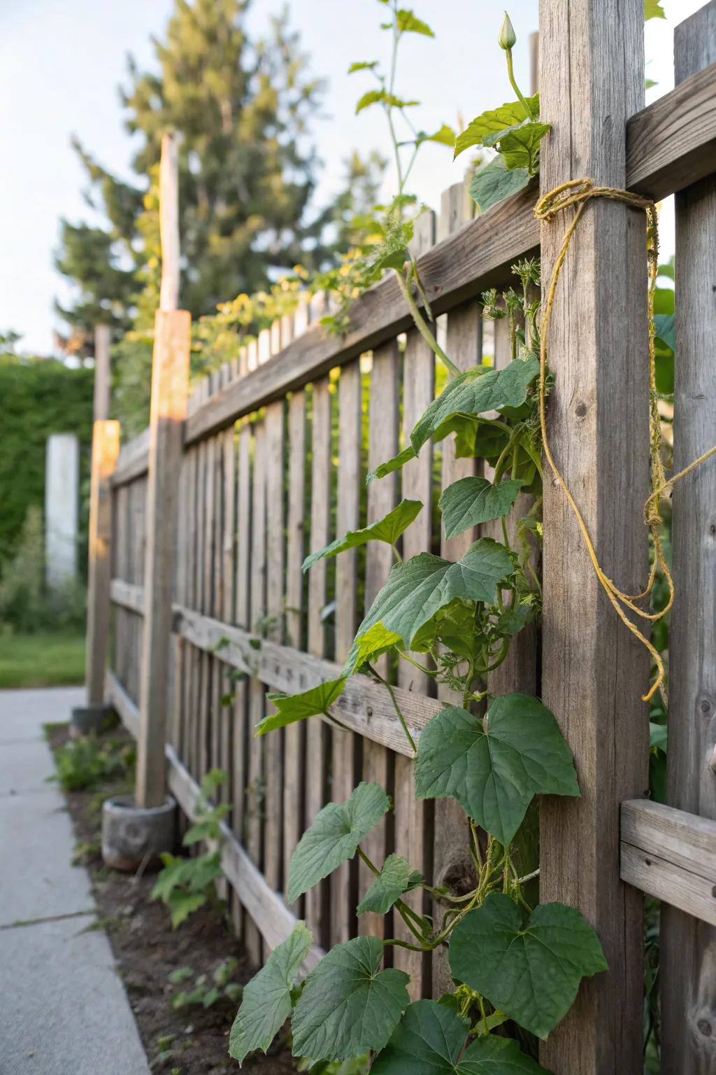 Elevate your garden's charm with a simple yet elegant fence line cucumber trellis.