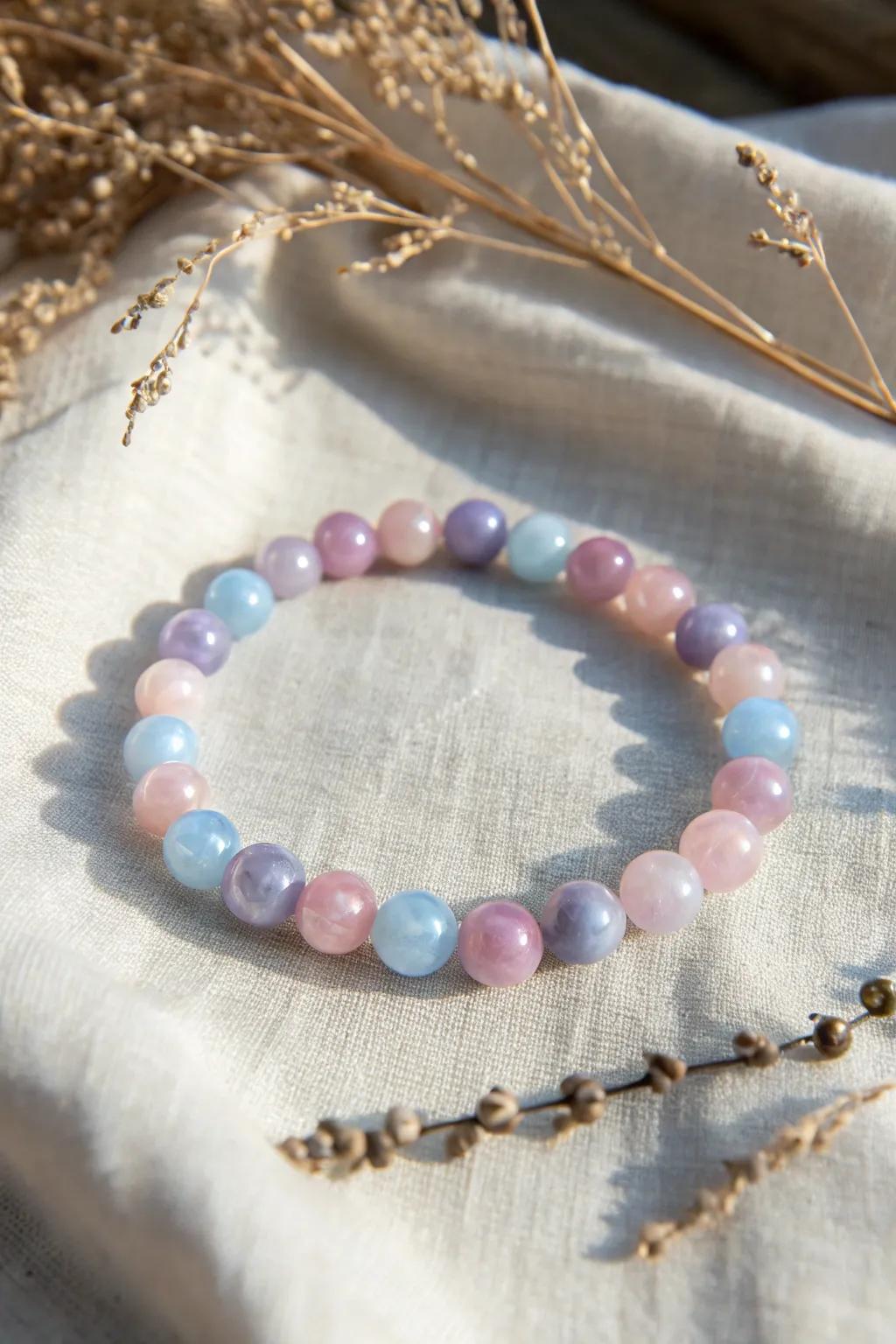 Embrace the artistry of watercolor with this exquisite bead bracelet, where each bead is a gentle blend of pastel hues, evoking a sense of natural beauty and minimalist elegance.
