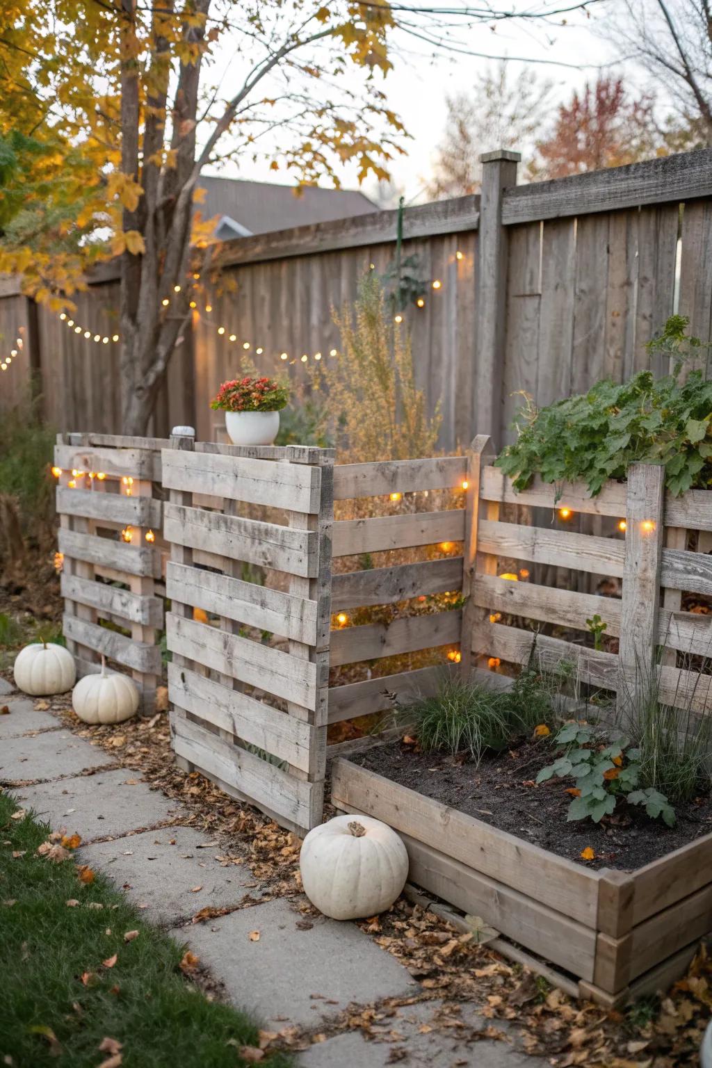 Embrace the cozy spookiness with a charming rustic pallet fence this Halloween.