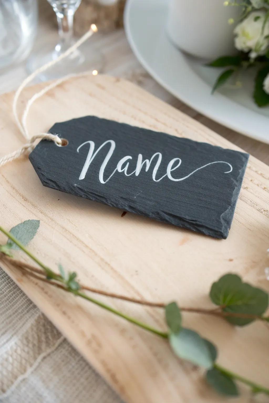 Elevate your name tags with a chic chalkboard touch, perfect for a rustic, minimalist vibe.