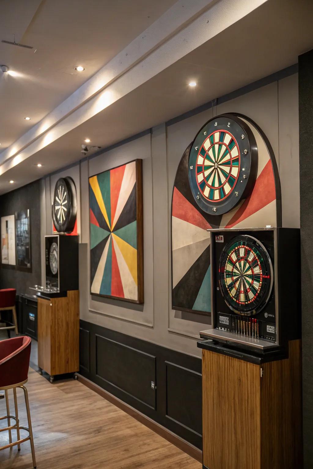 Abstract art backdrops add a contemporary flair to your dart room.