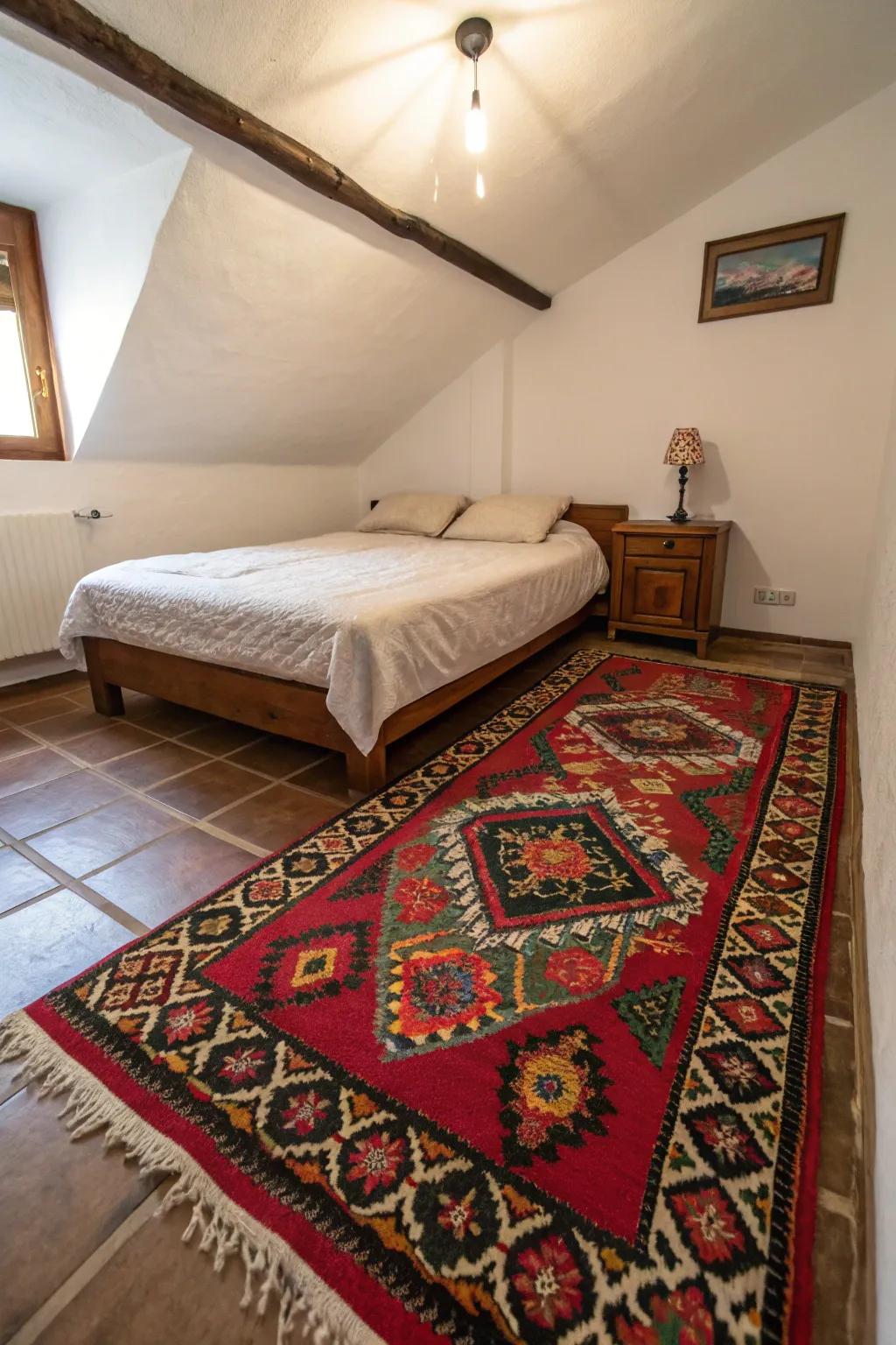A bold patterned rug anchors the space in a small bedroom.