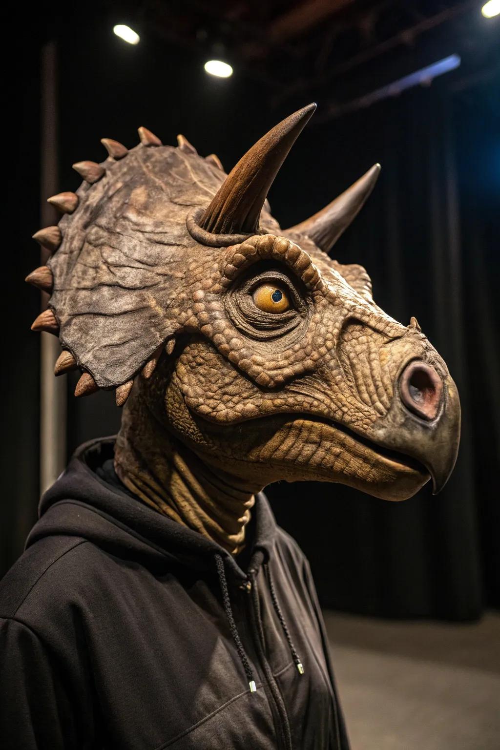 Step into a world of imagination with this surreal dino mask, where craftsmanship meets creativity.