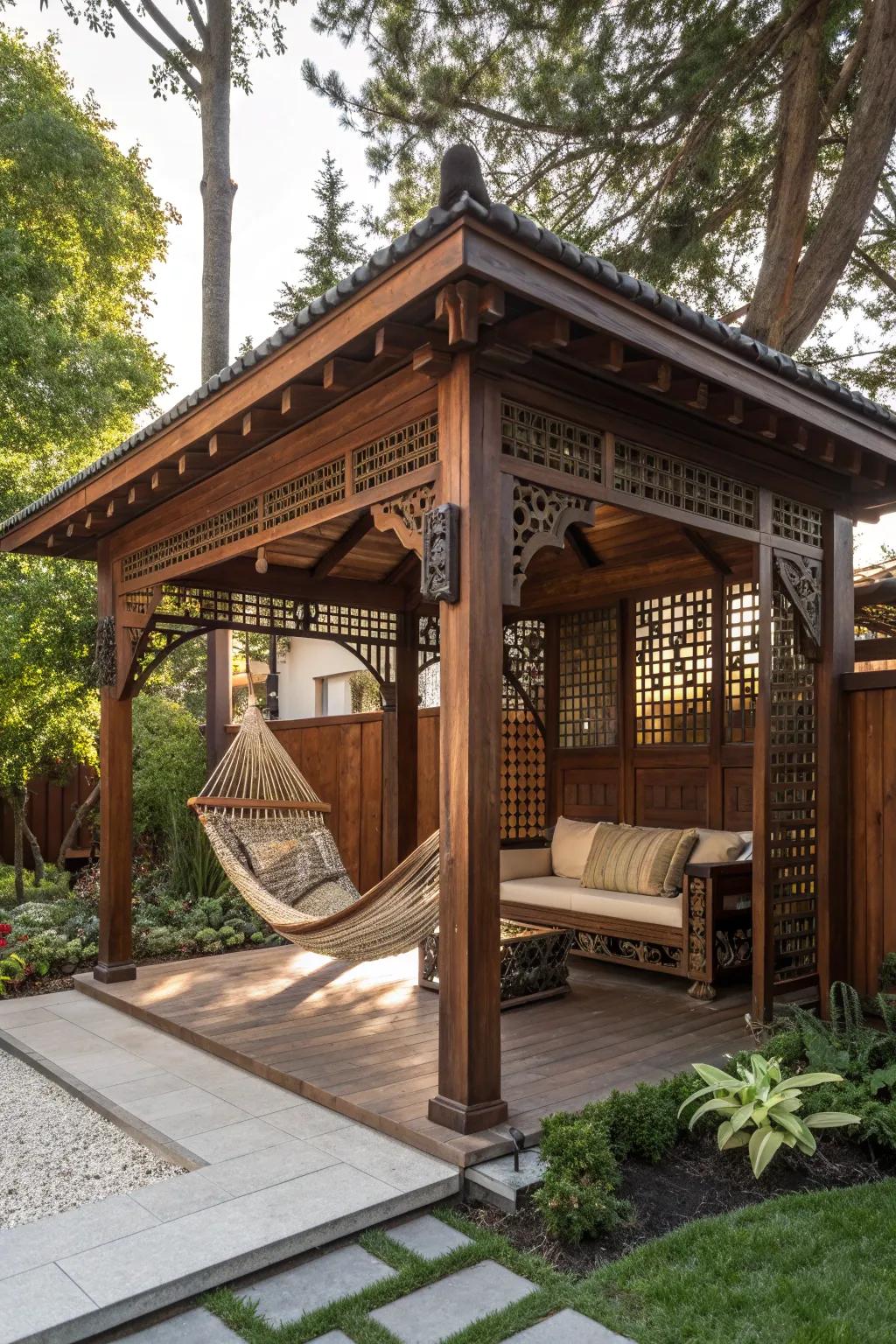 Unwind in style: Transform your backyard pavilion into a Hammock Haven.