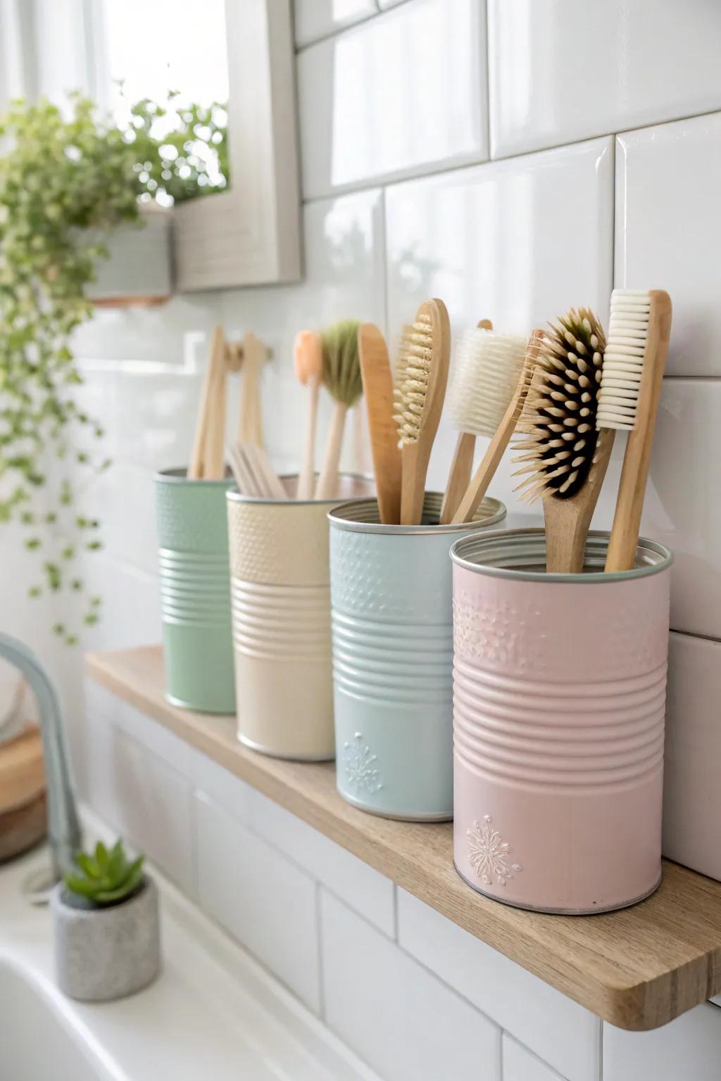 Transform your bathroom with chic upcycled tin can storage—where functionality meets minimalist elegance.