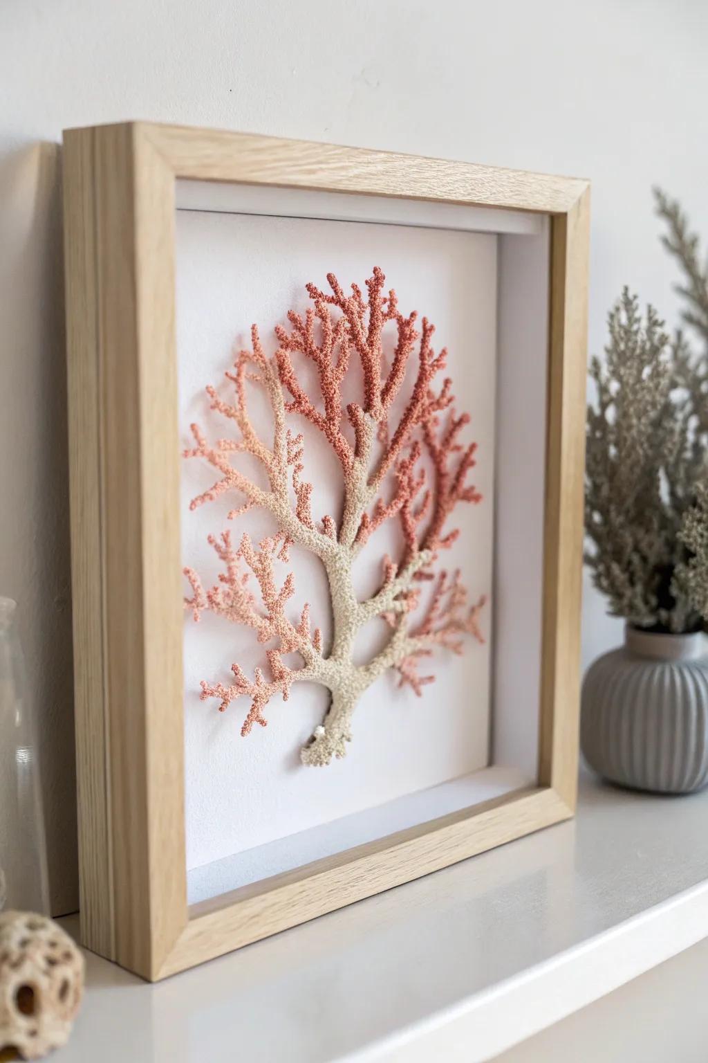 Bring the serene beauty of the ocean into your home with this elegant coral reef shadow box.