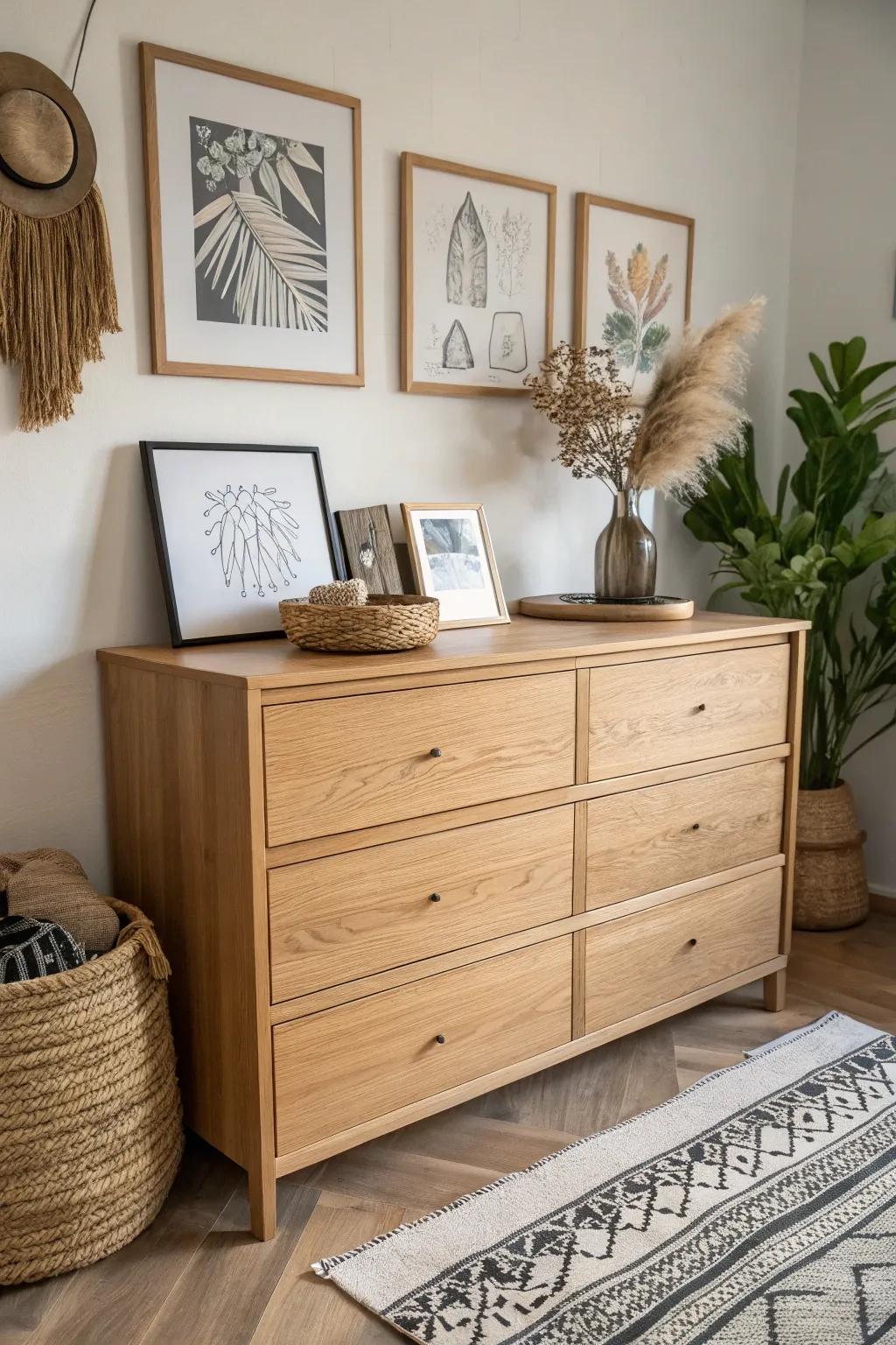 Elevate your space with a curated gallery of boho prints and personal memories—where artistry meets simplicity.