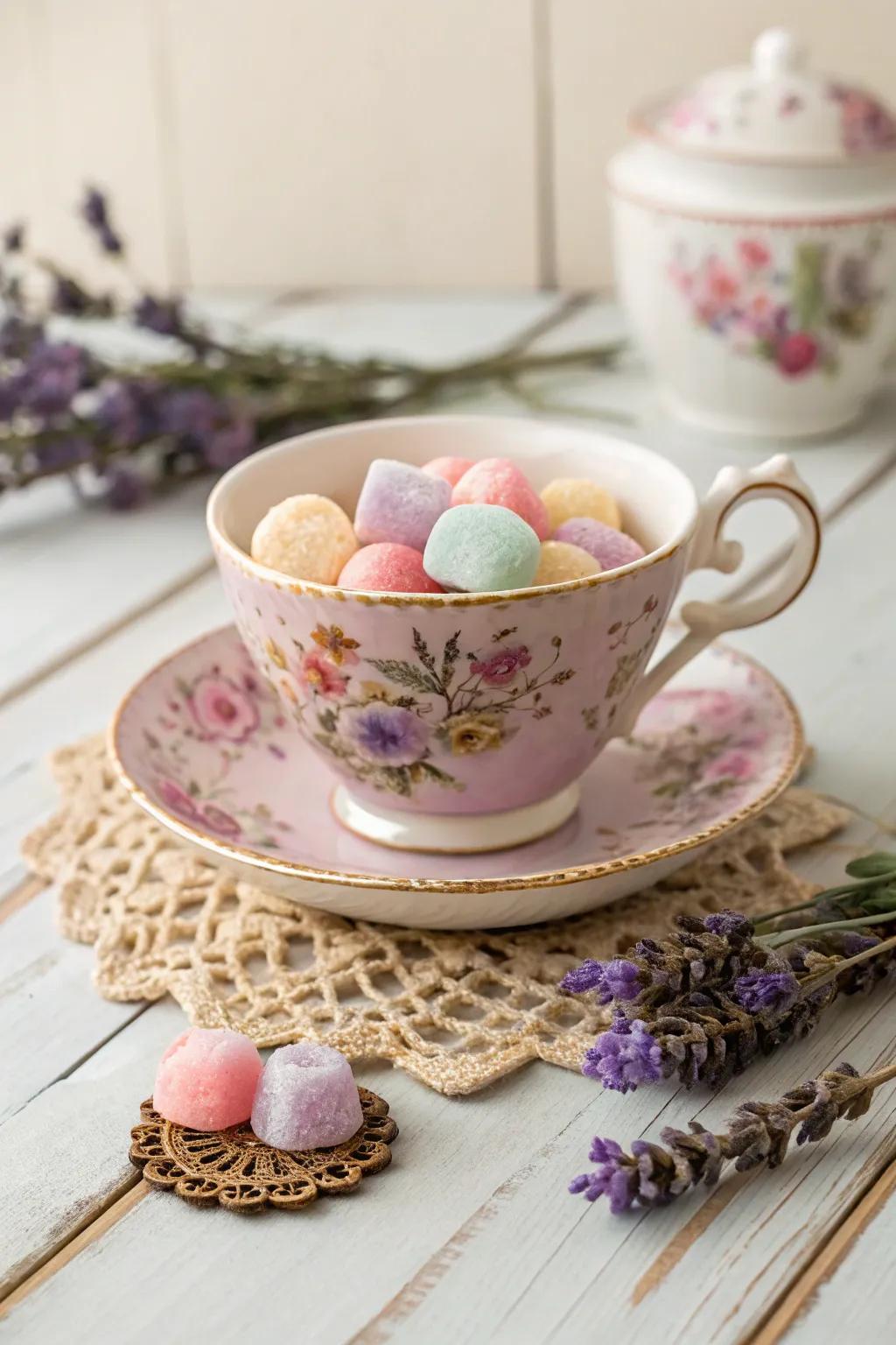 Elevate your gatherings with vintage charm: teacups as candy holders bring a touch of elegance to any occasion.