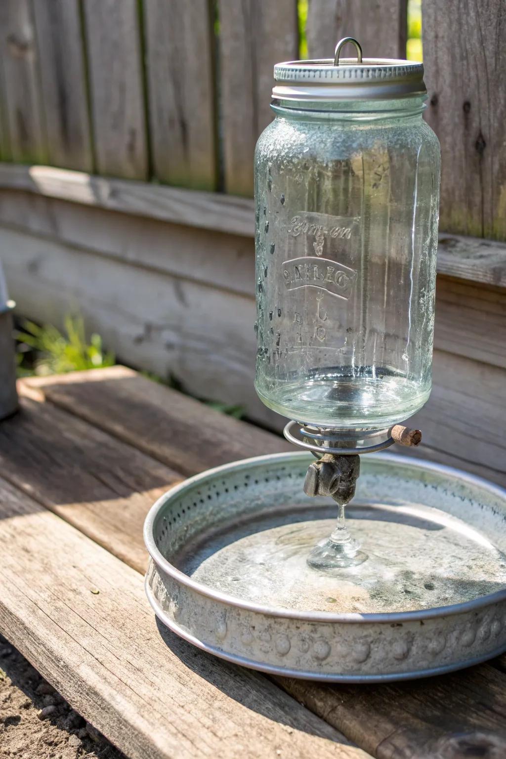 Embrace rustic elegance with this simple glass jar chicken waterer—where timeless design meets functionality.