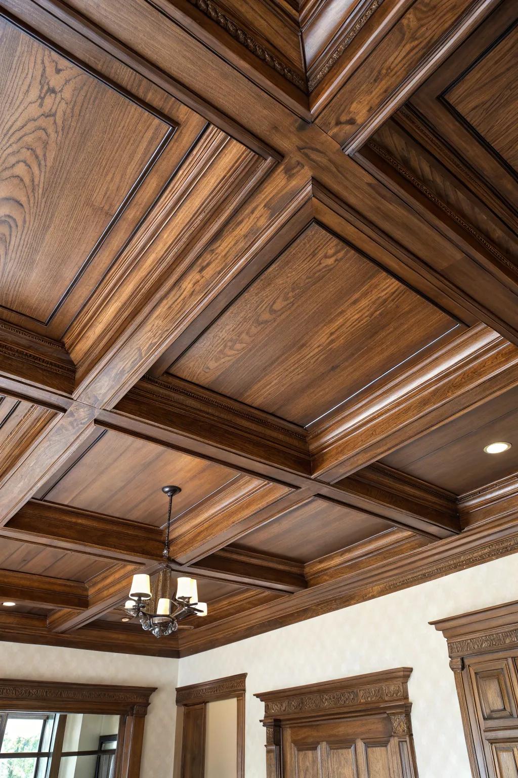 Experience the warmth and elegance of a coffered ceiling with rich walnut-stained beams.