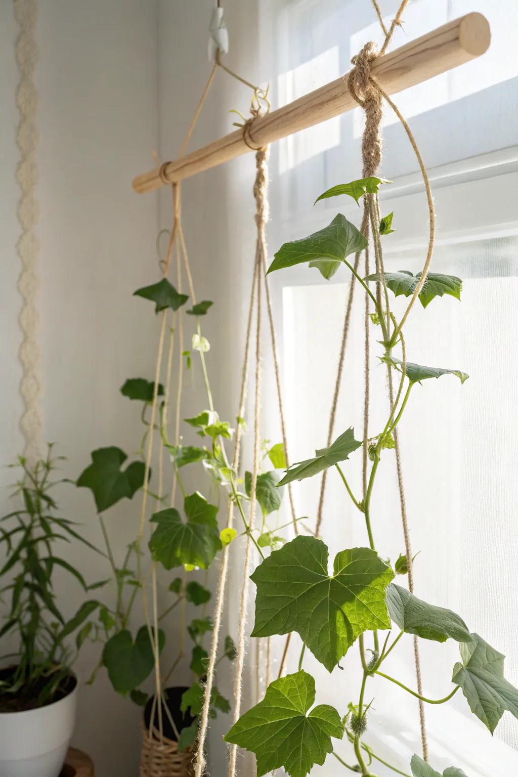 Elevate your space with a charming hanging string garden: a minimalist's dream for growing cucumbers in style!