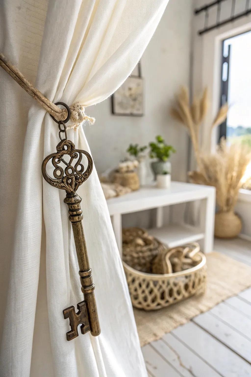 Transform your space with the charm of antique keys as curtain tie backs – a perfect blend of vintage elegance and minimalist style.