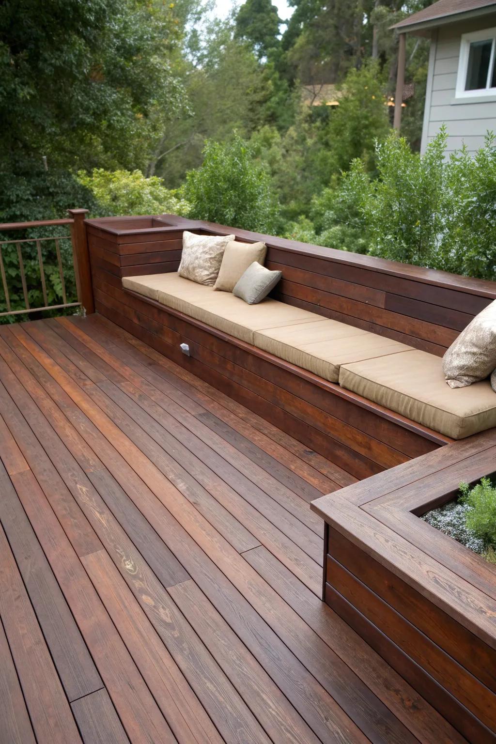 Relax in style: Experience the perfect blend of craftsmanship and comfort with built-in bench seating on your deck.