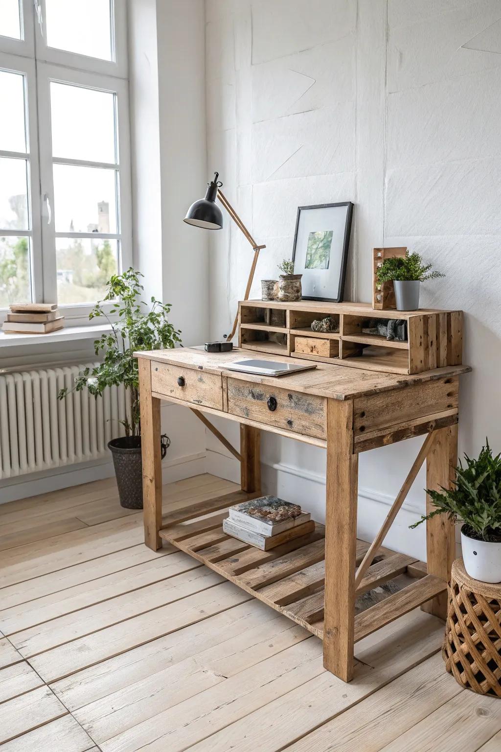 Transform your workspace with the rustic charm of an upcycled pallet desk, where sustainability meets Scandinavian elegance.