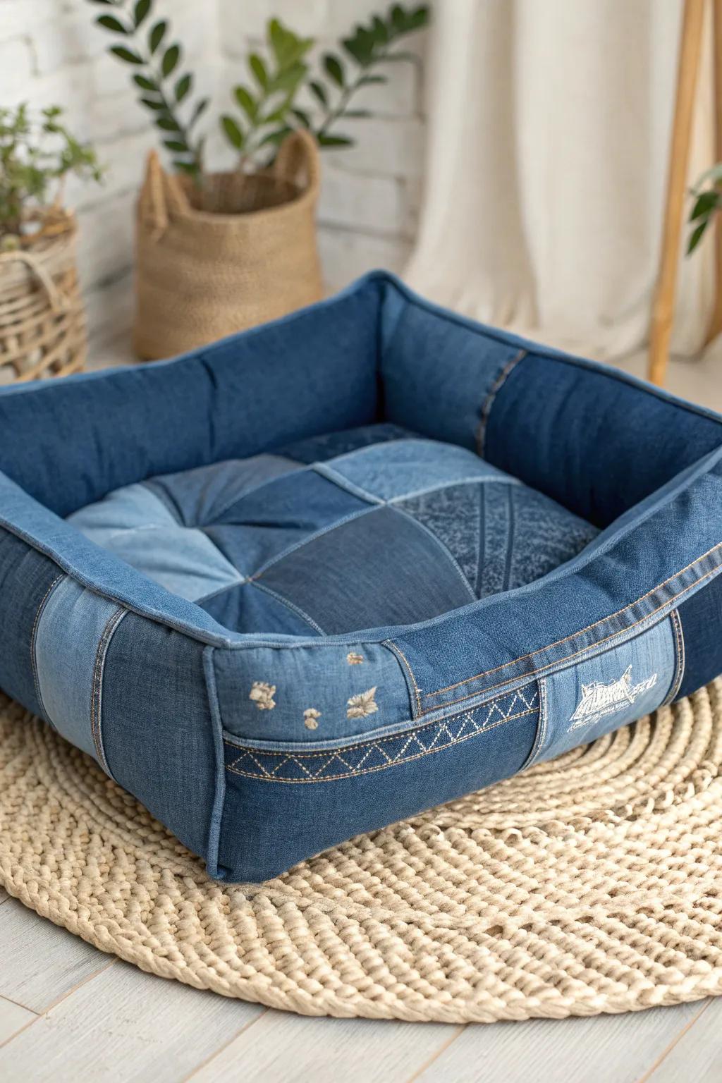 Transform your old jeans into a chic and durable dog bed that blends Scandinavian minimalism with a boho touch!