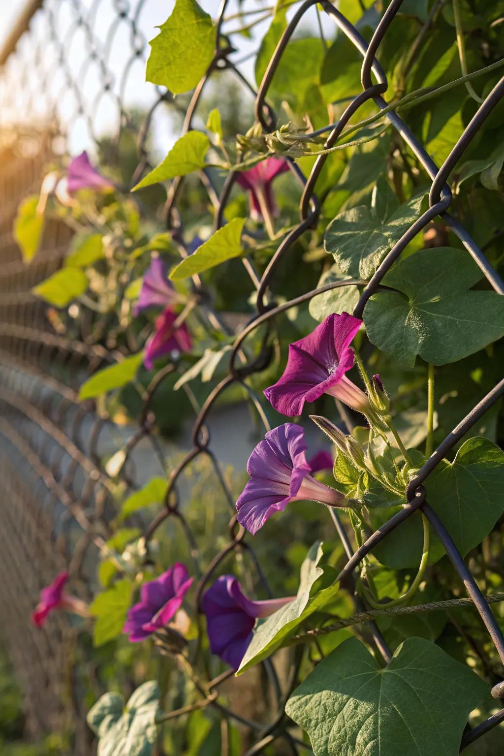 Nature's Canvas: A Chain Link Fence Transformed by Morning Glories