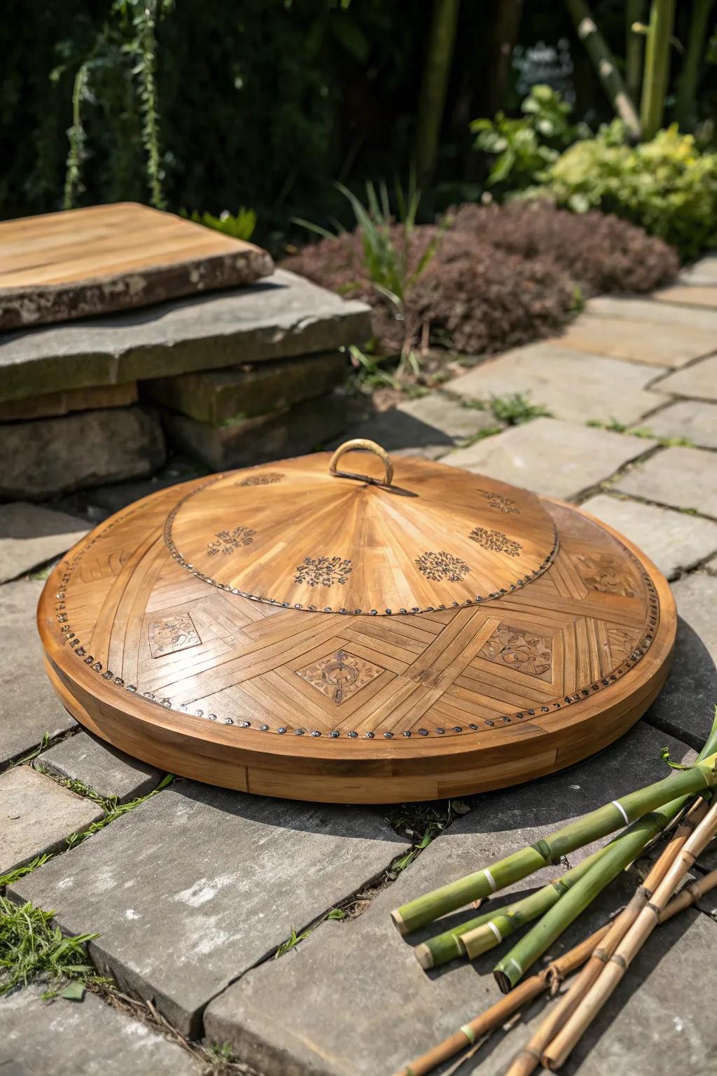 Elevate your outdoor space with a sustainable bamboo firepit cover, merging craftsmanship with nature.