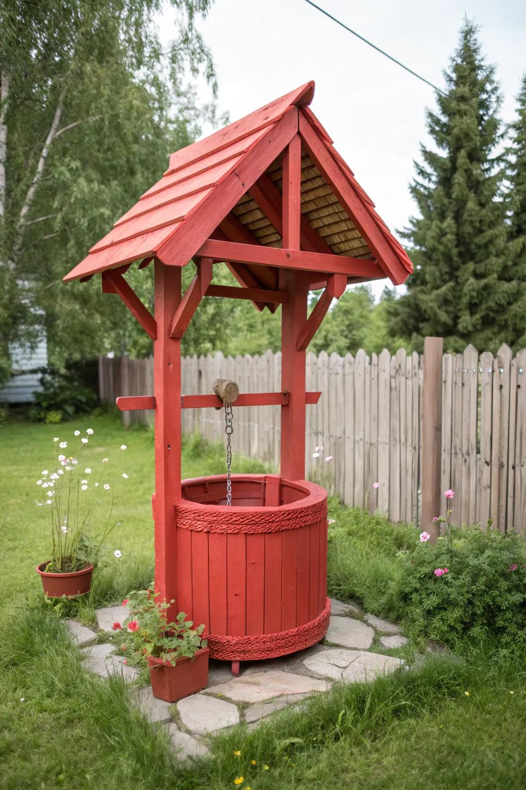 Add a splash of color to your garden with a vibrant red wishing well, where minimalism meets boho charm.