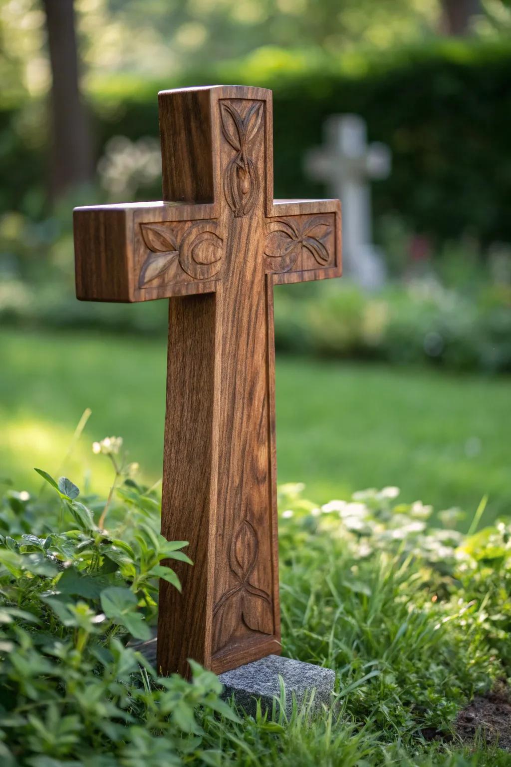 Timeless elegance in craftsmanship: A classic wooden cross headstone.