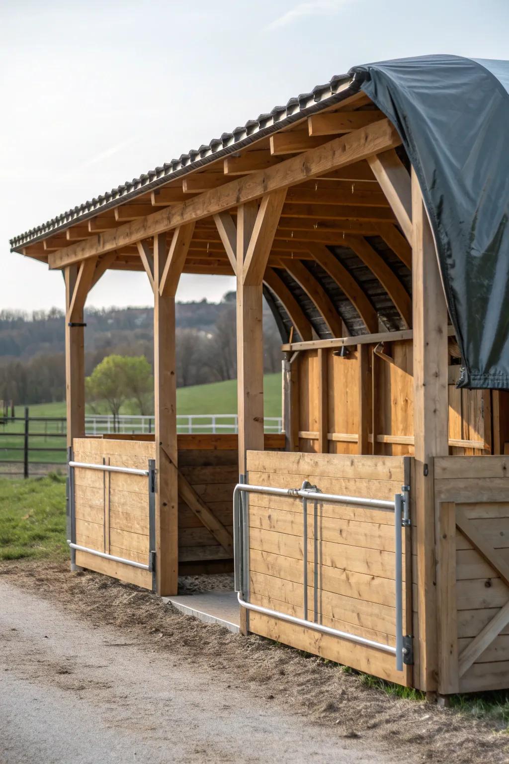 Craftsmanship meets functionality: Adjustable tarpaulin sides for your DIY horse shelter.