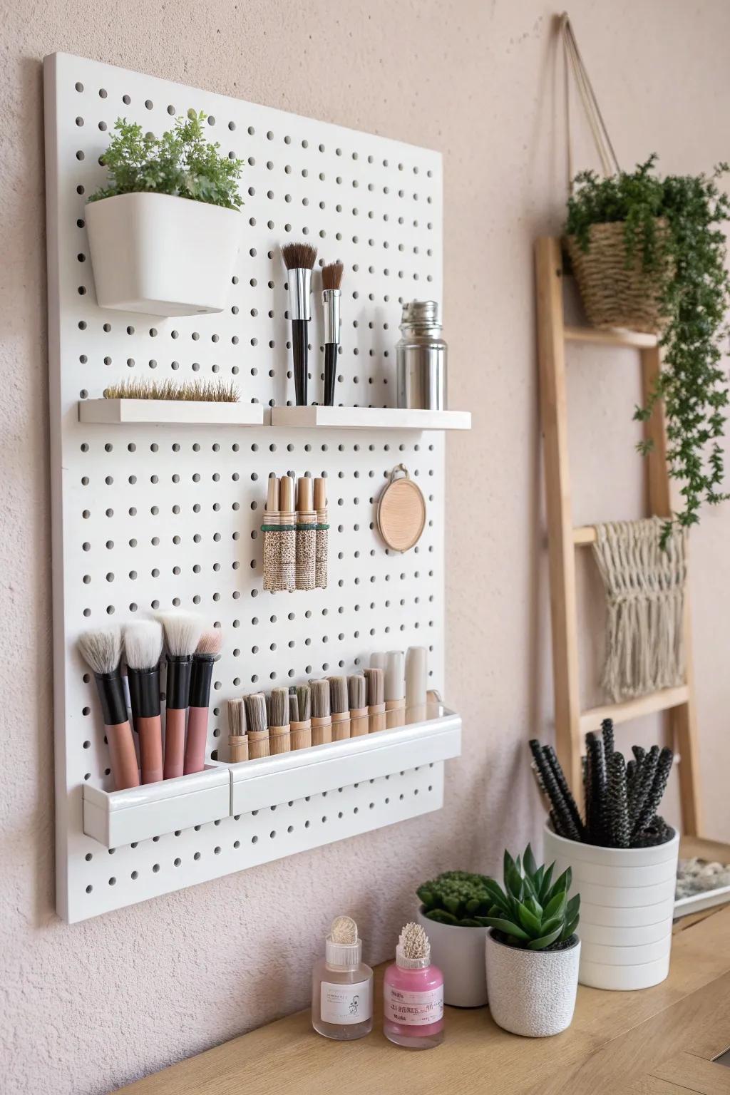Transform your small space with a chic pegboard for stylish and flexible makeup storage.