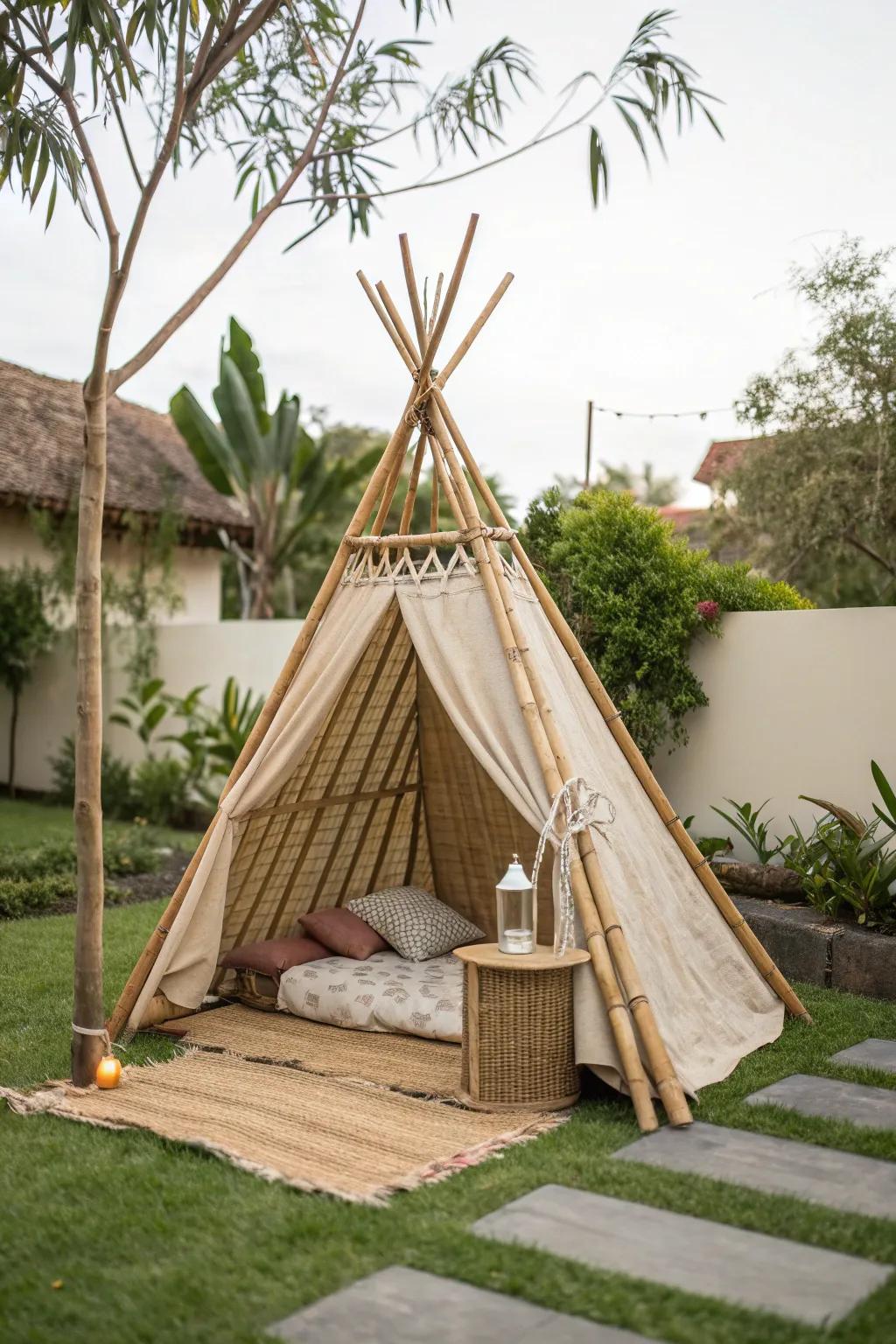 Create a backyard oasis with a handcrafted bamboo teepee, perfect for play and relaxation.