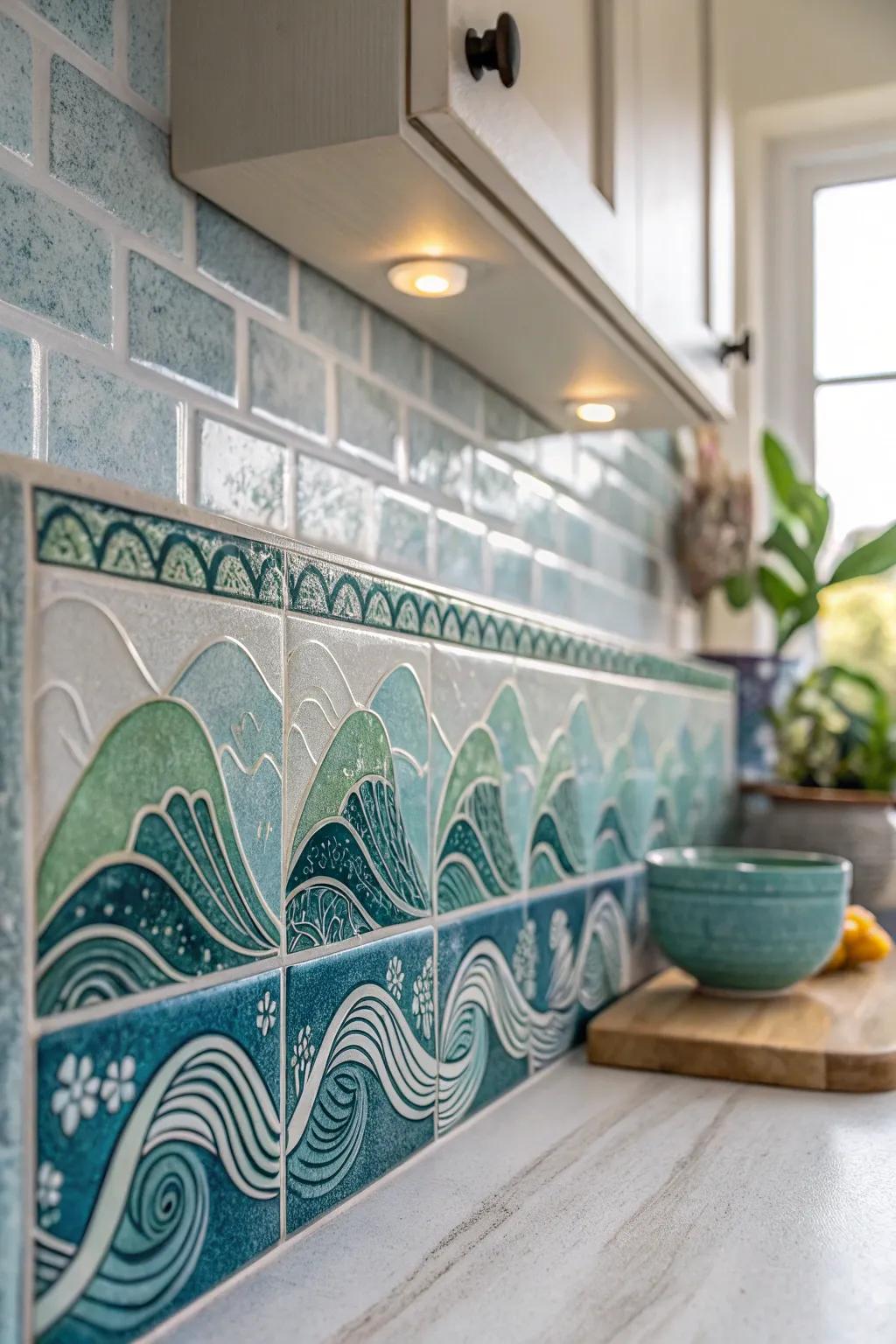 Dive into a sea of tranquility with this stunning ocean-hued backsplash tile. 🌊✨ #ScandinavianBoho #DIYBacksplash