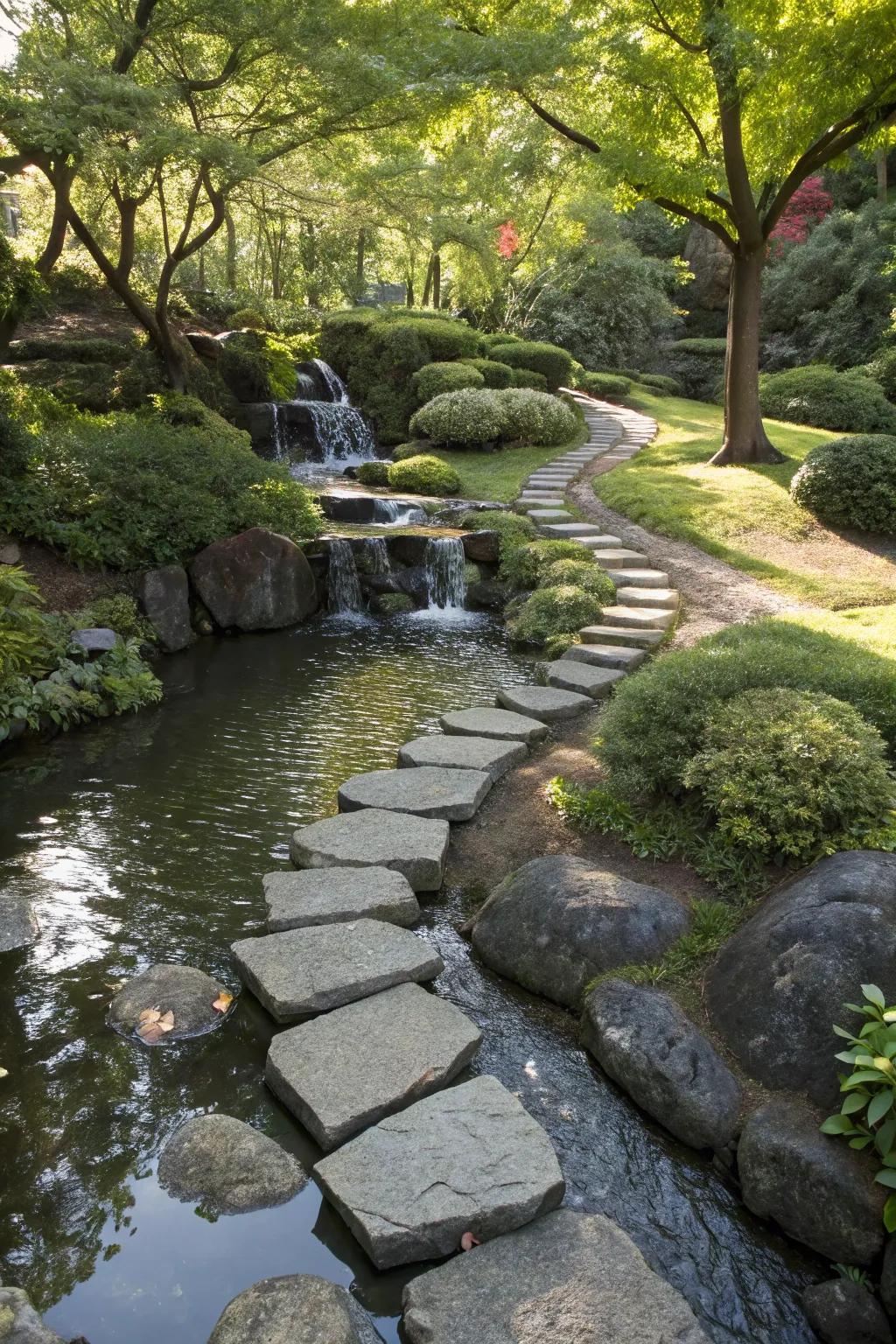 Discover serenity with a handcrafted stone path leading to a natural waterfall pond.