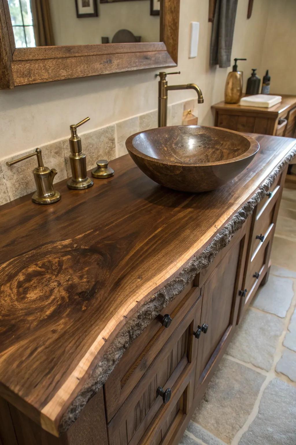 Embrace nature with a stunning live edge countertop – the perfect rustic centerpiece for your bathroom.