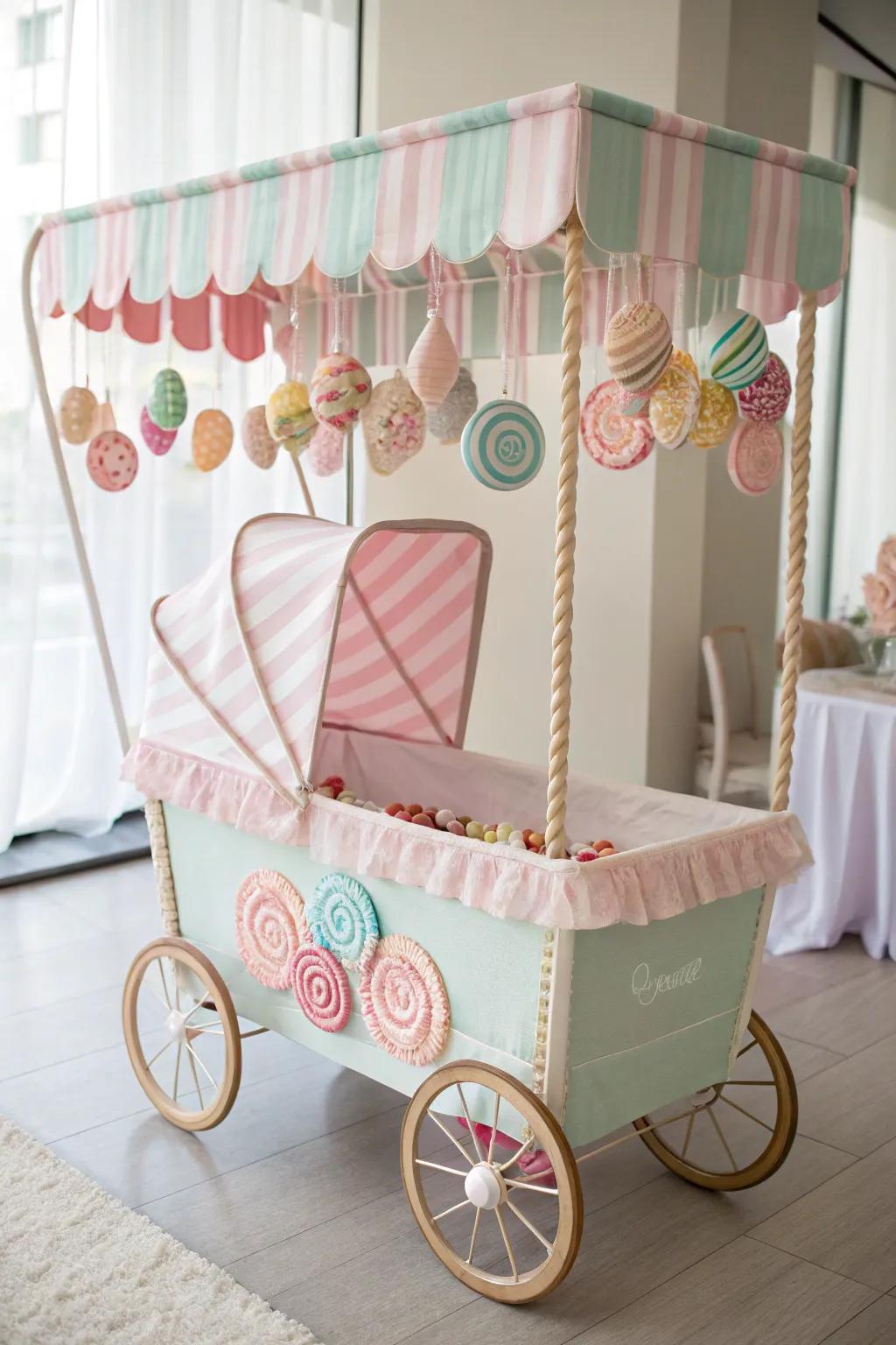 Sweeten your stroll with this charming candy shop cart, a delightful DIY costume idea for your little one's stroller!
