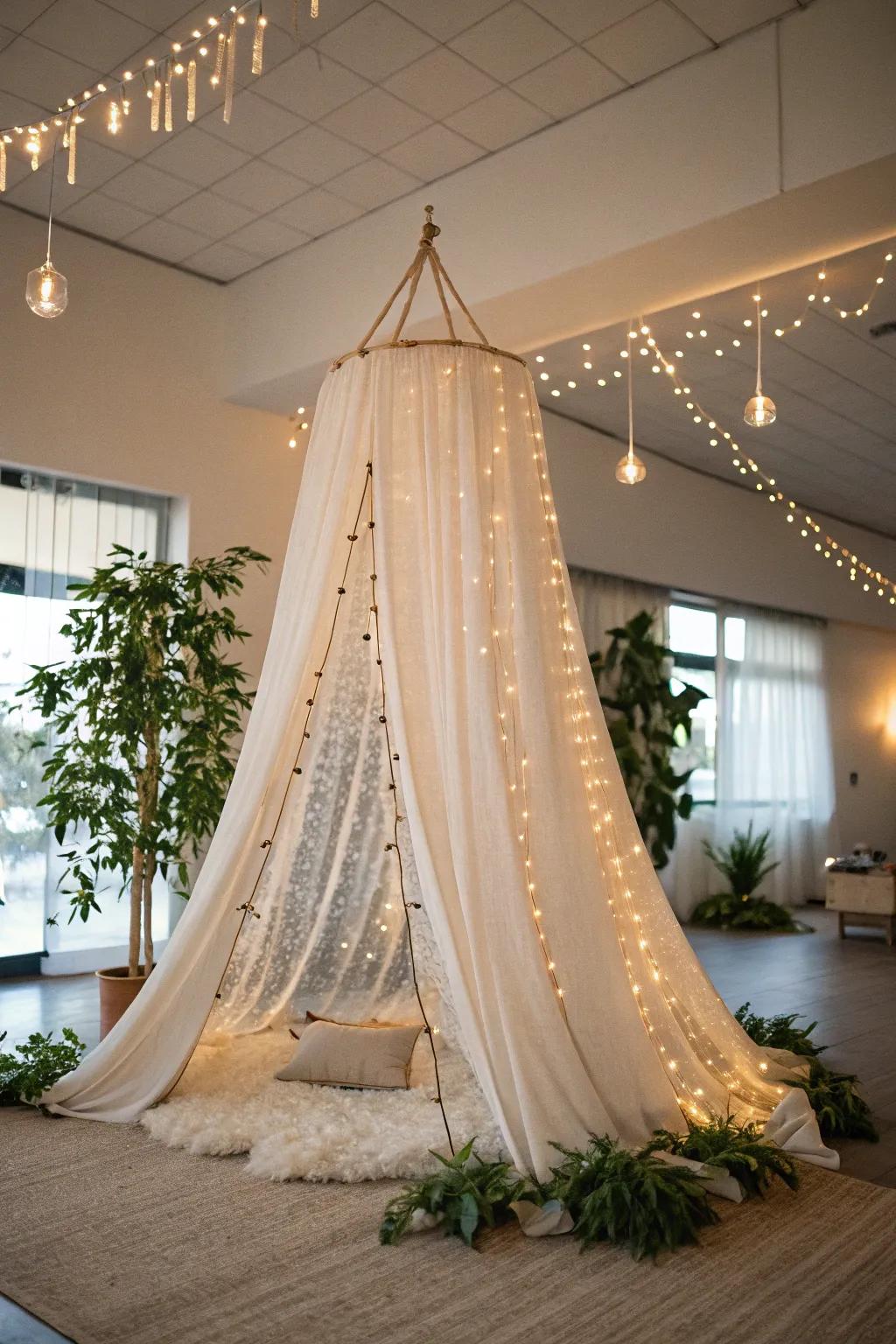 Step into a storybook with this enchanting DIY hanging tent adorned with fairy lights.