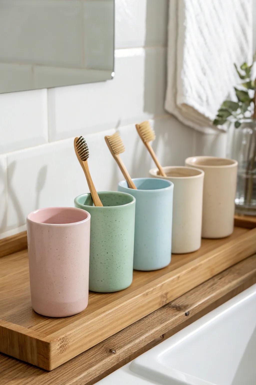 Transform your bathroom into an oasis of organization and style with these charming color-coded cups.