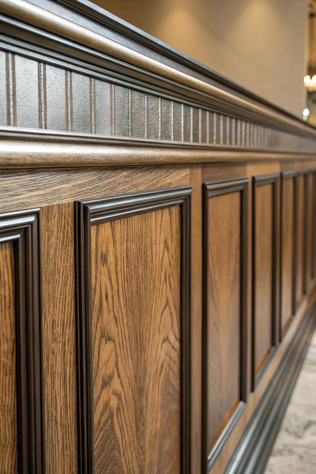 Elevate your space with unexpected textures: a fusion of rustic wood and modern metal for a stunning wainscoting design.