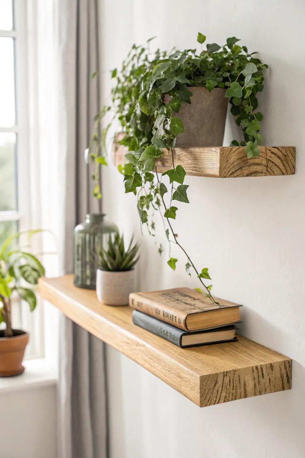 Elevate your space with minimalist charm: a perfect blend of style and function with floating shelves.
