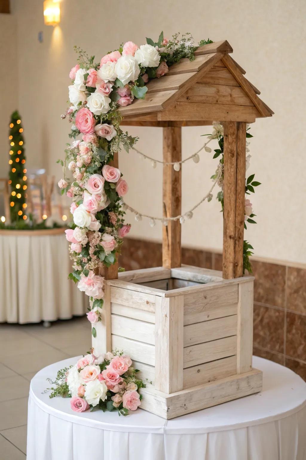 Embrace the magic of a fairytale wedding with this enchanting wishing well card box, where dreams and well-wishes come to life.