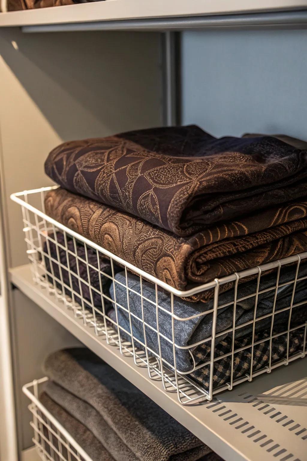 Elevate your closet with fabric-wrapped shelving for a touch of personalized craftsmanship.