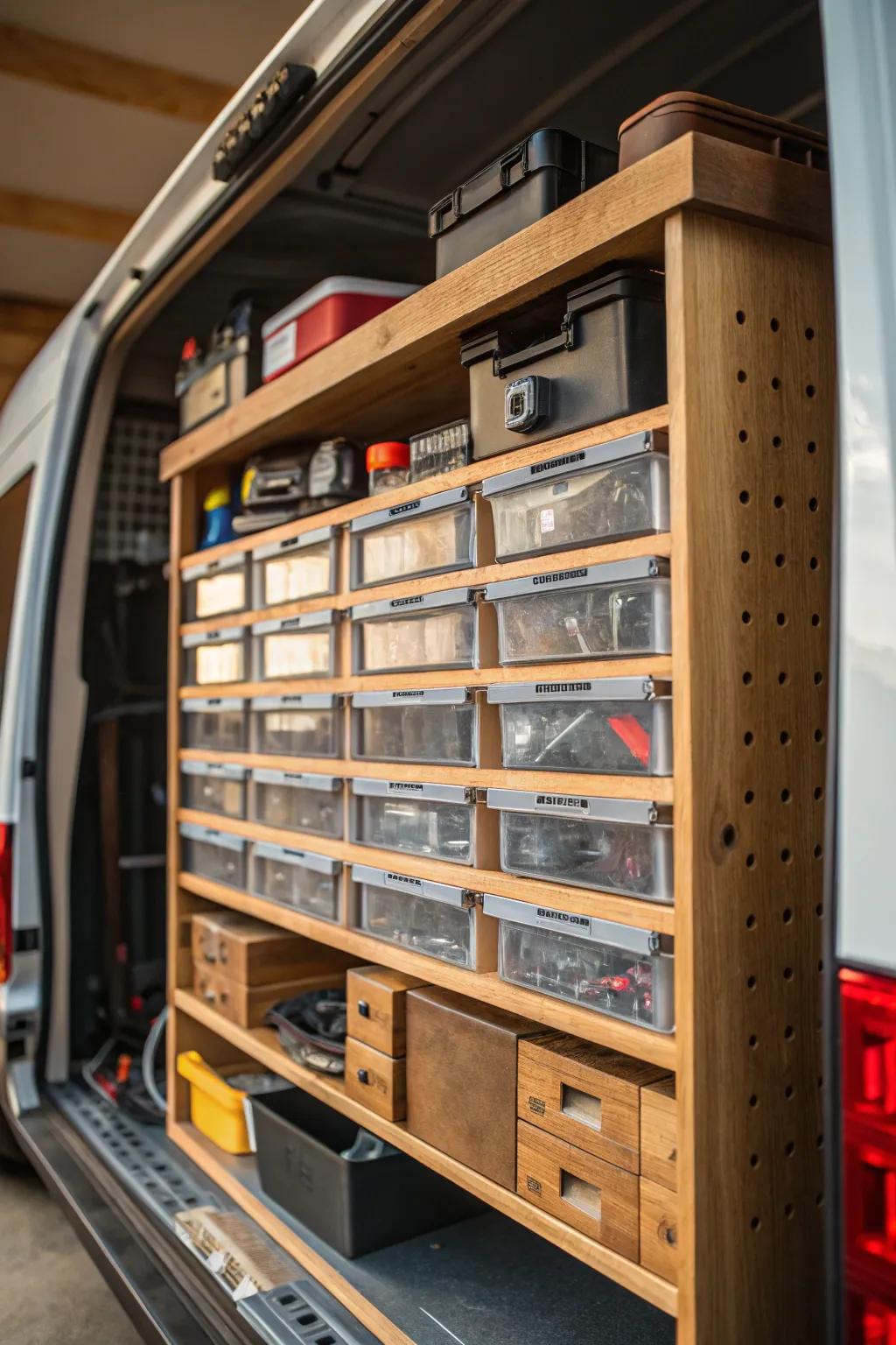 Maximize your work van's efficiency with transparent container organization—see everything at a glance!